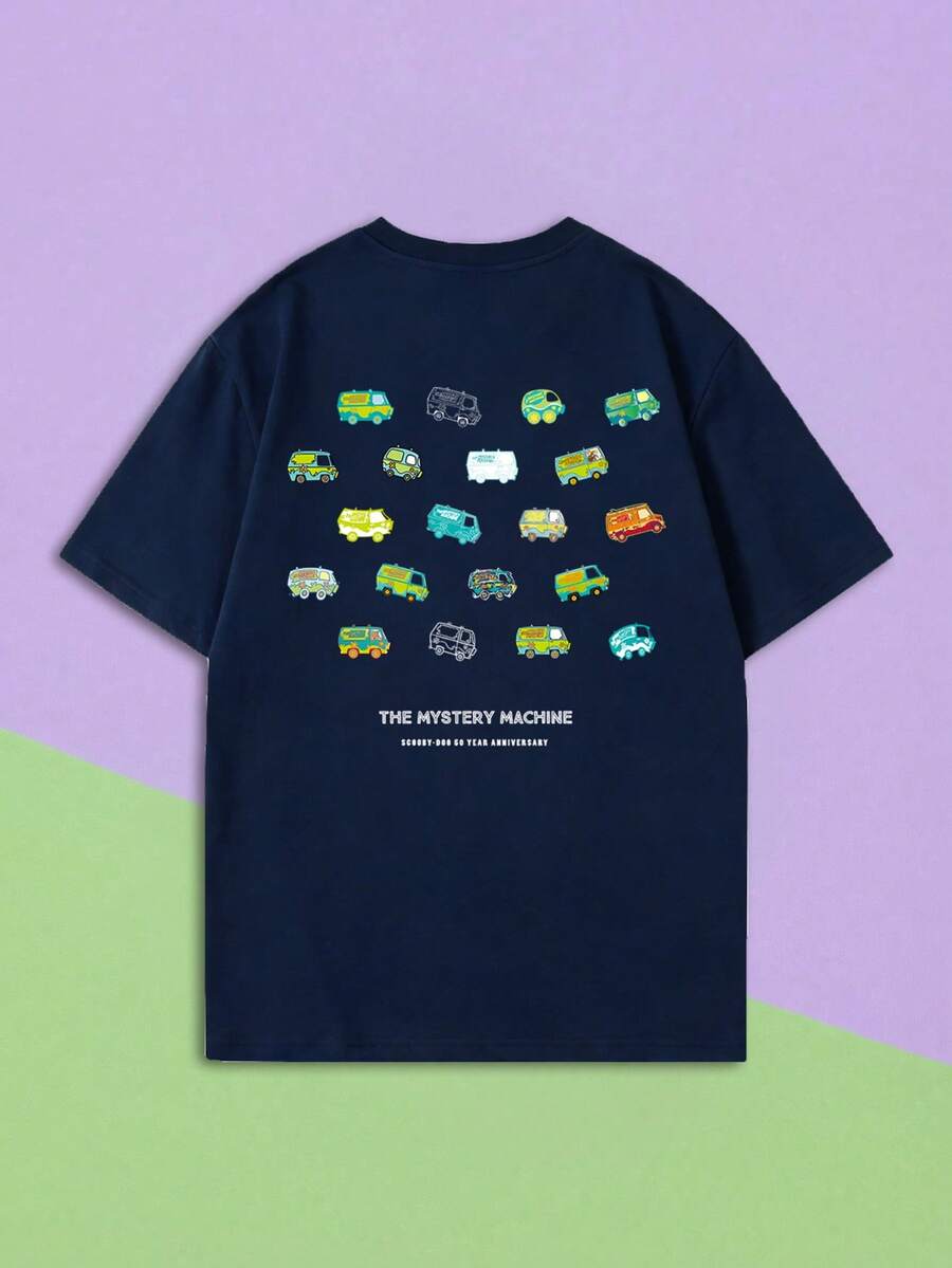SHEIN X SCOOBY-DOO Áo thun nữ tay ngắn cổ tròn dáng rộng trễ vai, in hình hoạt hình đội phiêu lưu cổ điển Mỹ, màu xanh navy, chất liệu mềm mại thoáng khí, thích hợp mặc đi làm, phong cách đường phố Y2K, vintage Mỹ, phong cách sinh viên, lễ hội âm nhạc, hội nghị anime và những buổi đi chơi cuối tuần. - Màu xanh hải quân - Xem 1