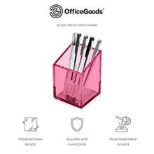 OfficeGoods Acrylic Pen and Pencil Holder - Modern Trapezoid Design - Beautiful Desk Organizer for Home or Office - Contrasting Metal Base - 3" Square w/ 3.5" Front and 4.5" Back - Pink - Rosa - Ver 3