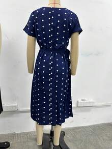 Summer Casual Polka Dot Print Button Front Dress - Navy Blue - View 5