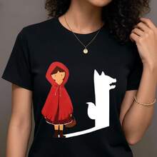 Camiseta de mujer 1 pieza, 100 % pura y cómoda, con estampado de patrón de silueta de moda de Caperucita Roja y lobo, cómoda, suave y transpirable, top casual de verano, lavable a máquina, tema abstracto de cuento de hadas, de moda y versátil, T- 1pcs, 180Gsm, 100% Cotton - Negro - Ver 6