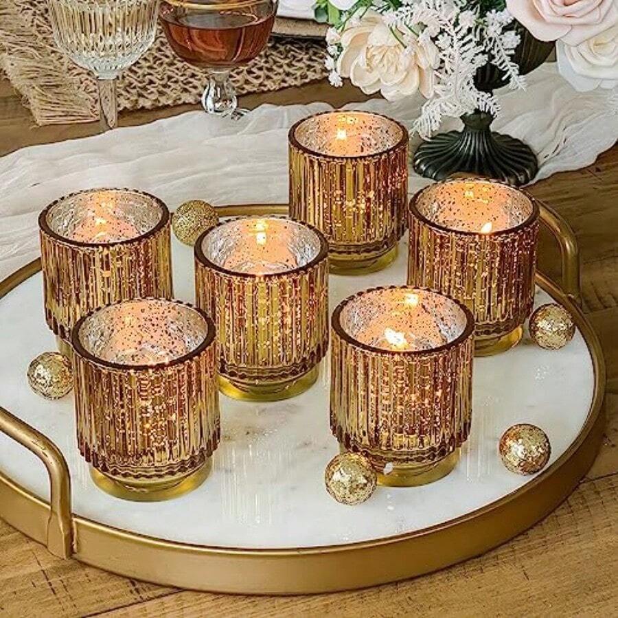 Kate Aspen - Candelabros votivos de vidrio acanalado clásico dorado juego de 6 decoración de otoño decoración bohemia decoración de estantes regalo perfecto para anfitriona o decoración del hogar - Dorado - Ver 1