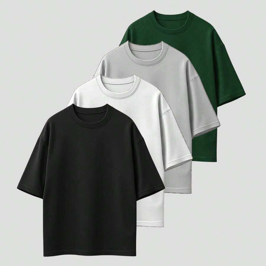 Kit Of 4 Men's Oversized High Neck T-Shirts, Premium Jersey Fabric - Đen Trắng Xám Xanh - Xem 1
