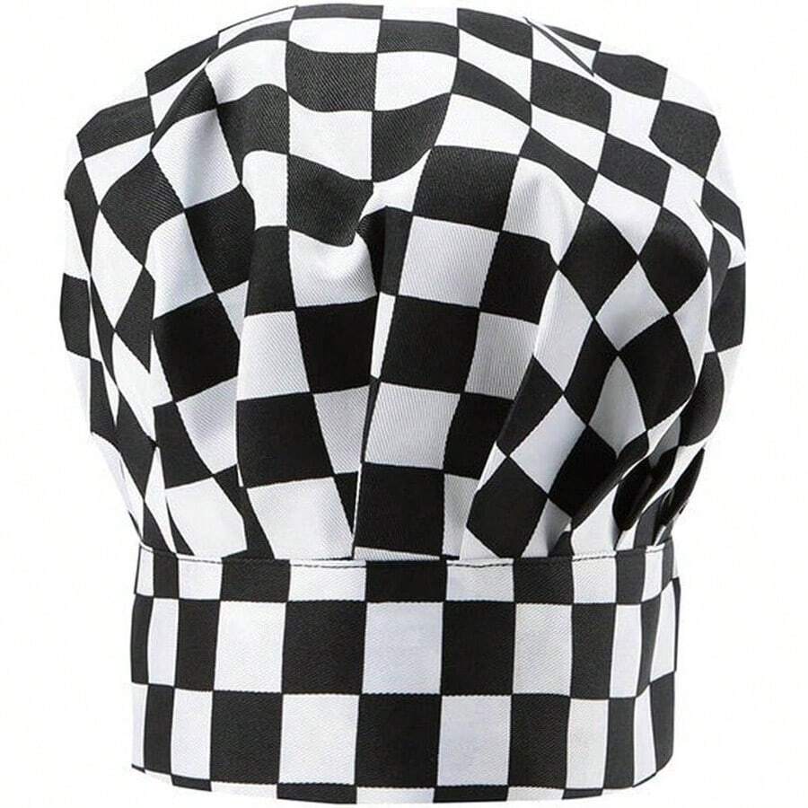 Chef Hat Unisex Elastic Kitchen Cooking Chef Cap Adult Adjustable Baking Hat Reusable Food Service Hair - 均碼 + C-蘑菇帽-格子 - 查看 1
