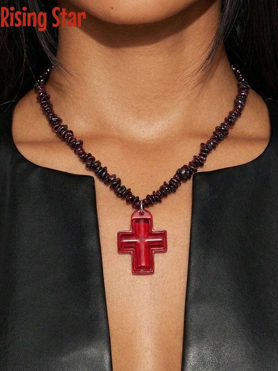 1 chiếc vòng cổ hạt đá garnet tự nhiên kiểu punk cổ điển, bất đối xứng, kèm mặt dây chuyền hình chữ thập đỏ, thích hợp cho phụ nữ đeo hàng ngày hoặc tại các lễ hội âm nhạc. - vòng cổ chữ thập đỏ - Xem 1