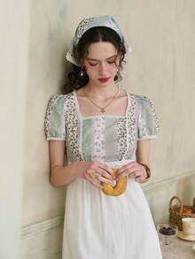 女士印花泡泡袖中长连衣裙，饰有蕾丝细节 - 綠色 - 查看 4