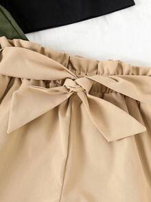 3件套女童夏季短裤套装 - （卡其色/黑色/军绿色），配蝴蝶结腰带，适合春、夏、秋、冬四季穿着及运动 - 短裤套装，非常适合户外穿着 - 彩色 - 查看 3