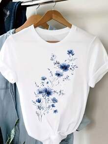 Women'S Comfortable Casual T-Shirt - Short-Sleeved Round Neck Top With Floral Print, Featuring Blue And White Flowers, Versatile For All Seasons, Made Of Soft Fabric, Durable For Everyday Wear. - 白色 - 查看 1