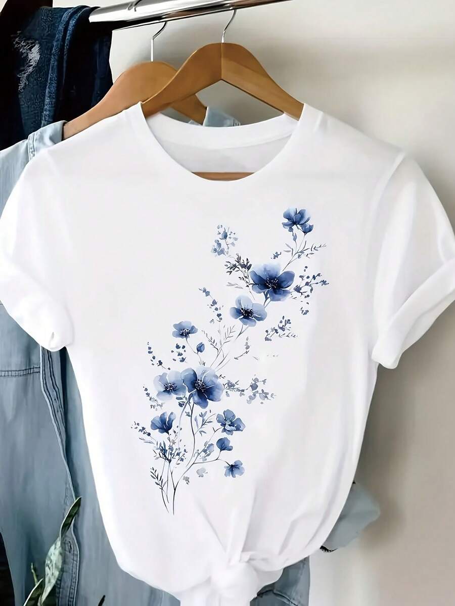 Women'S Comfortable Casual T-Shirt - Short-Sleeved Round Neck Top With Floral Print, Featuring Blue And White Flowers, Versatile For All Seasons, Made Of Soft Fabric, Durable For Everyday Wear. - 白色 - 查看 1