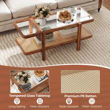 2-Tier Rustic Coffee Table With Storage Tempered Glass Tabletop PE Rattan Shelf Brown - Brun - Visa 6