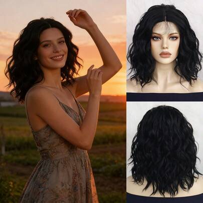 Short Wavy Black Bob 13x3.5x1 Synthetic Lace Front Wig For Women Daily Party Use Pre-Plucked Natural Looking Middle Parting Heat Resistant Wig Beginner Friendly