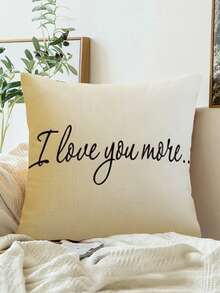 Bộ 1/2/4 vỏ gối trang trí bằng vải lanh có thể giặt máy, in dòng chữ "I Love You More" - Khóa kéo, vỏ gối trang trí dệt cho ghế sofa, ghế bành, trang trí nhà cửa. - Đen và trắng - Xem 2