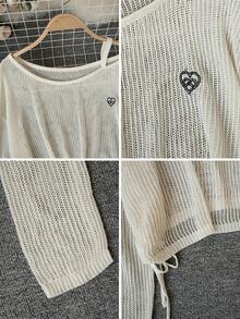 Summer New American Hot Girl Style One-Shoulder Asymmetric Mesh Knit Top – Cropped Cutout U-Neck With Drawstring Tie - Apricot - View 8