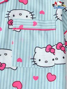 SANRIO Women's Pajama Set, Striped Heart Print Short Sleeve Pocket Top And Bow Shorts Casual Loungewear - Màu xanh lam - Xem 5