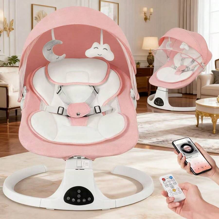 Baby Swing,Baby Bouncer With Music,5-Speed Auto Sway,Removable Canopy,3 Adjustable Modes,10 Soothing Lullabies,Remote Control,Newborn Gift