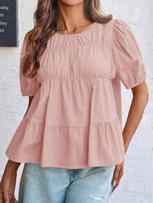 Womens Puff Sleeve Peplum Babydoll Tops Smocked Pleated Cotton T Shirts Summer Casual Loose Fit - 淺粉紅色 - 查看 6