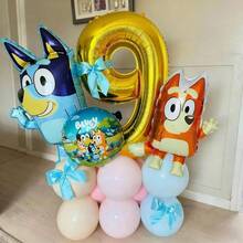 宾果主题生日气球柱套装，包含金色数字气球、卡通铝箔气球和马卡龙乳胶气球，适合主题生日派对装饰。 - 如圖 - 查看 13
