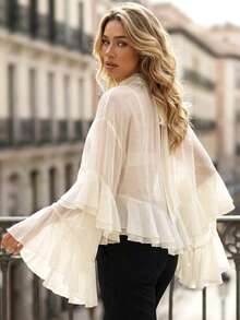 Perirose 女士奢华白色雪纺衬衫，优雅层叠荷叶袖高领上衣，时尚复古风派对晚宴装扮，搭配白色衬衫外套，春夏皆宜 - 白色 - 查看 8