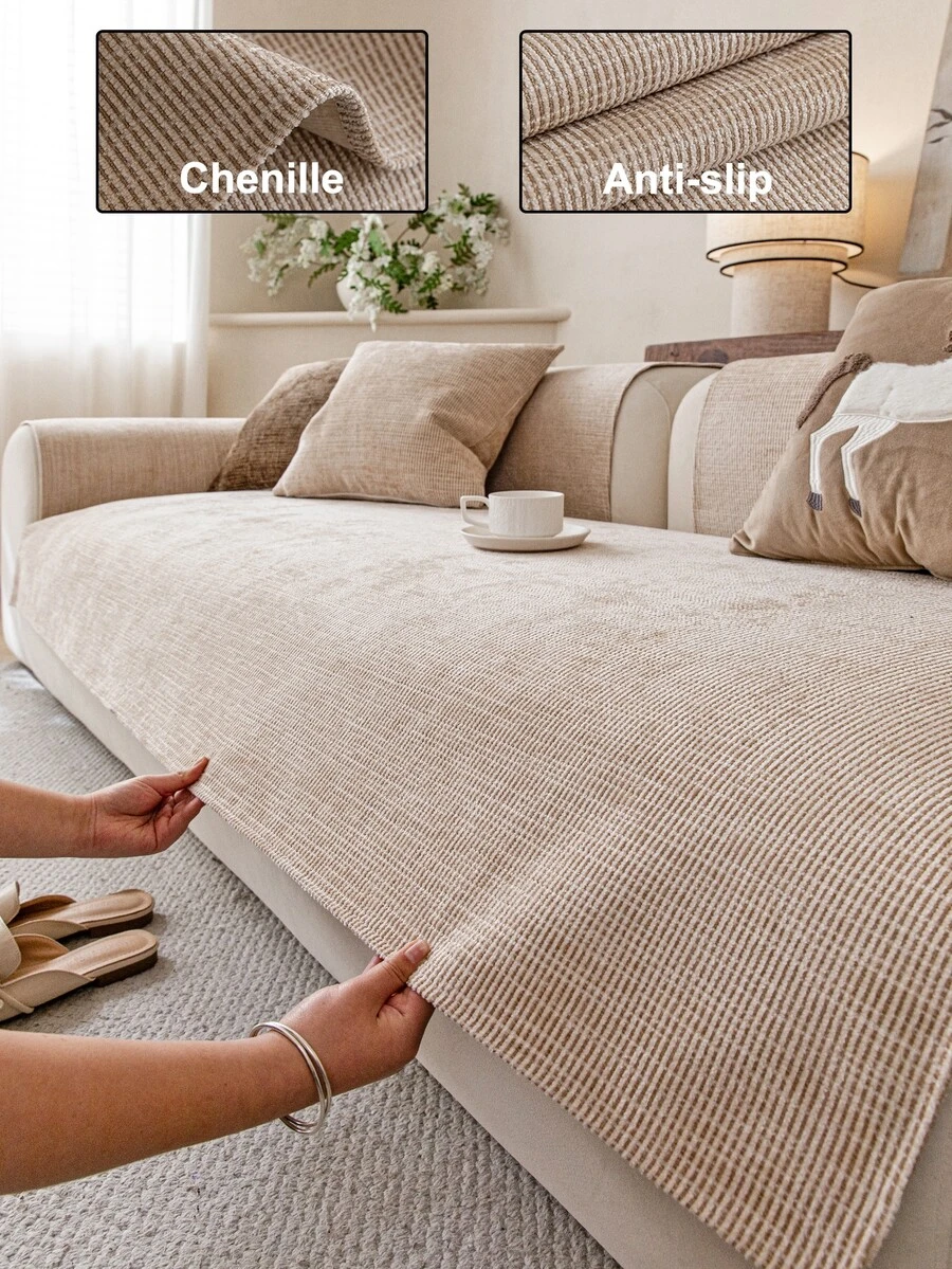 1pc Solid Color Chenille Sofa Cushion Cover, Minimalist Starry Floral Pattern, Anti-Slip Anti-Scratch Sofa Protector, Home Decor For All Seasons, Fits 1/2/3/4 Seater Sofa - Beige - View 1