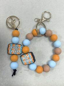 1pc Christian Beaded Bracelet Keychain - "Jesus, Coffee & Prayer" Silicone Bead Bracelet Keyring, Inspirational Religious Gift For Women - Multicolor - View 1
