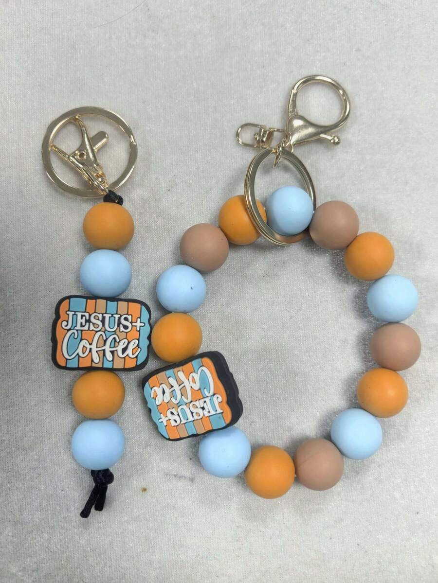 1pc Christian Beaded Bracelet Keychain - "Jesus, Coffee & Prayer" Silicone Bead Bracelet Keyring, Inspirational Religious Gift For Women - Multicolor - View 1