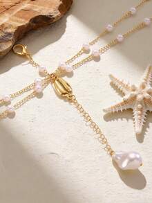 1pc Fashionable Sexy Faux Pearl Shell Pendant Body Chain/Necklace, Versatile Beach Vacation Wear For Women, Memorable Gift For Friends, Family, Couples, Handmade Jewelry Accessory - Gold - View 6