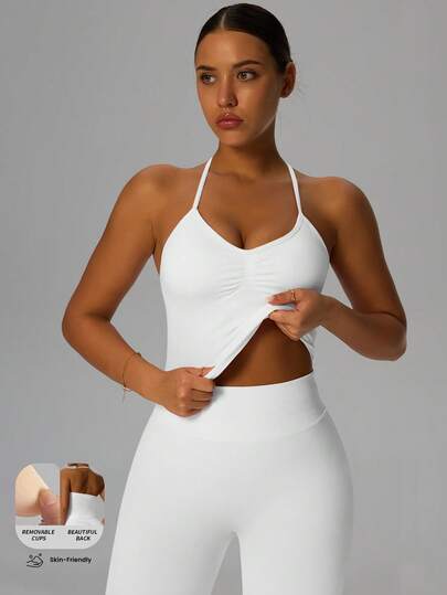 Yefecy New Impact Sports Yoga Tank Top, Women Fitness Yoga Shirt, Sports Wear, Backless Pleated Built-In Bra Cup Top White Spring