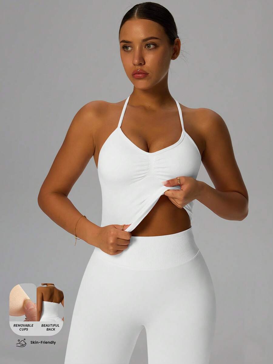 Yefecy New Impact Sports Yoga Tank Top, Women Fitness Yoga Shirt, Sports Wear, Backless Pleated Built-In Bra Cup Top White Spring - 白色 - 查看 1