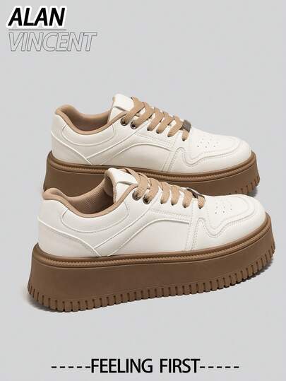  Giày nữ Alan Vincent [Đổi trả miễn phí] màu be mới, giày buộc dây cổ thấp, giày thể thao đế dày, thoải mái và thời trang, tăng chiều cao 4,5cm, phù hợp với phụ nữ nhỏ nhắn.