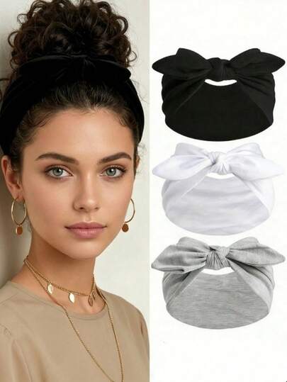 1/3件装女士蝴蝶结兔耳发箍，波西米亚风超宽可爱兔耳打结发箍，纯色蝴蝶结发饰，适合女性日常佩戴
