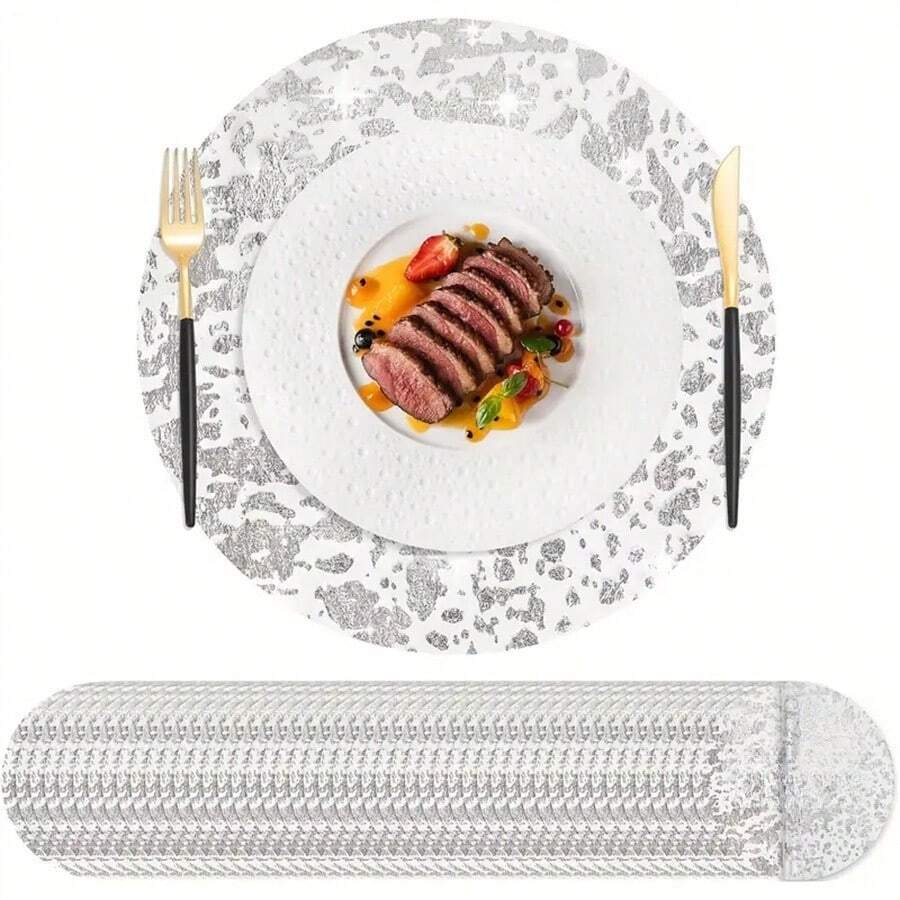 12/24/50/100 piezas Manteles individuales de lámina de oro, elegantes y de moda, minimalistas y rústicos, de alta gama y personalizados, resistentes al desgaste, adecuados para decoración de bodas, protección de vajilla, Día de la Madre, Día del Padre y reuniones familiares diarias - Plateado - Ver 1