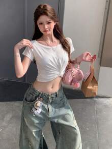 White Twist Knot Crew Neck Short Sleeve T-Shirt For Women, Summer Sexy Slim Fit Cropped Versatile Top - White - View 8
