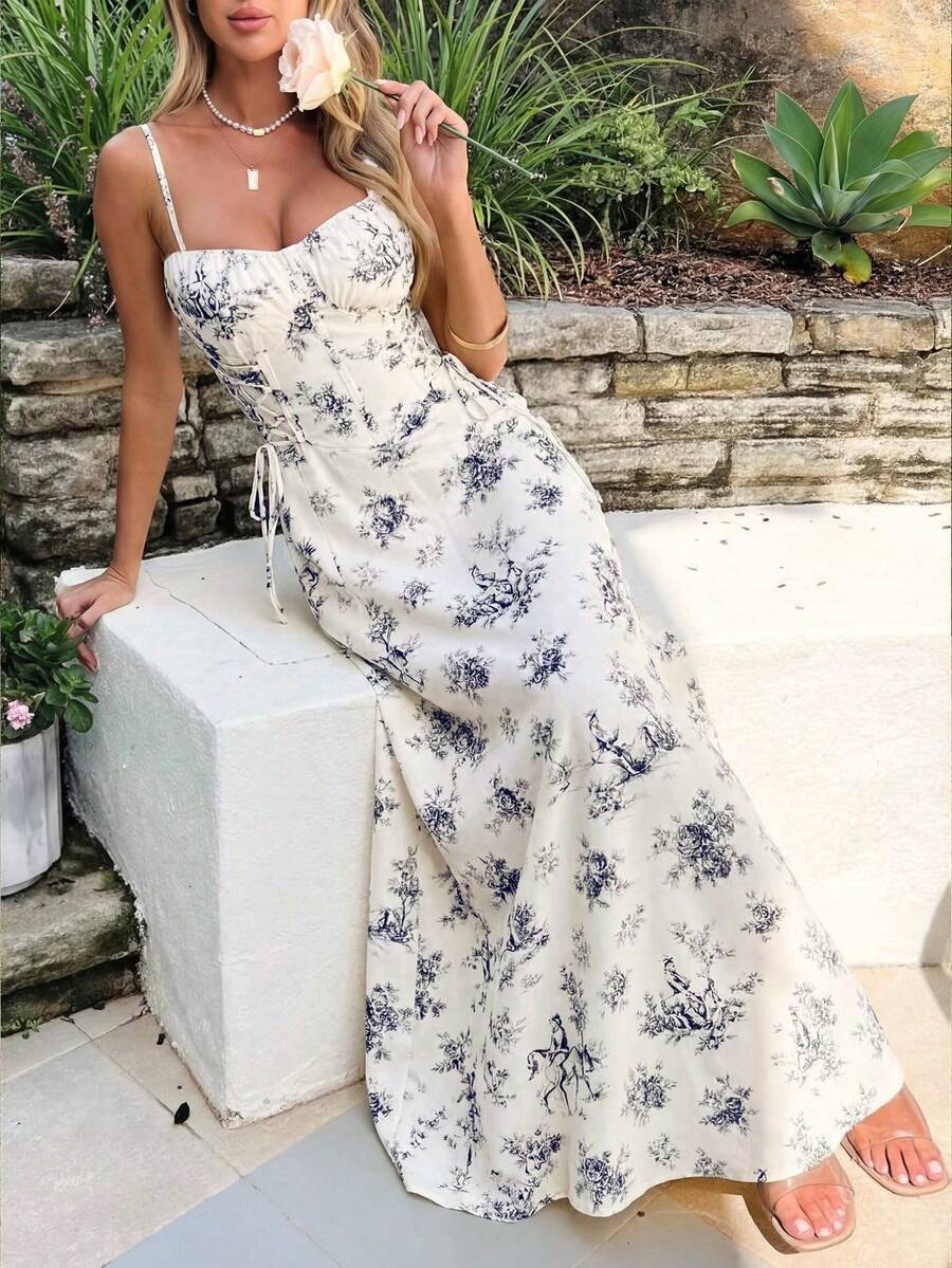 蓝白碎花无袖连衣裙，优雅夏季沙滩裙 - 杏色 - 查看 1