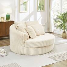 61-Inch Oversized Round Chaise Longue Chair Indoor, Modern Upholstered Corduroy Deep Seat Circle Single Cloud Lounge Floor Sofa Chair For Living Room, Bedroom Apartment - Màu be - Xem 4
