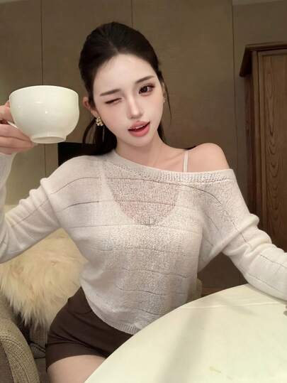 New Asymmetrical Asymmetric Shoulder Knit Sweater, Sexy Off-Shoulder Top, Gorgeous Camisole Two Pieces Set For Spring/Summer
