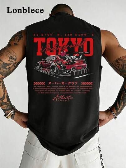 Lonblece 1 pieza Camiseta de tirantes con estampado de coche, estilo japonés, camisa sin mangas de ropa urbana de Tokio, conjunto deportivo casual para entusiastas de los automóviles