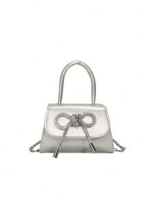 蝴蝶结迷你手提包，韩版时尚女士新款简约链条单肩斜挎包 - 銀色 - 查看 11