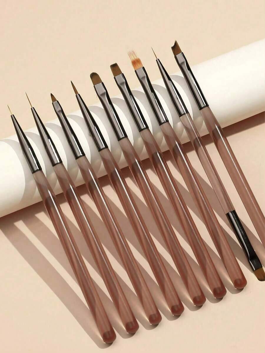 一套棕色日式美甲笔，双头设计，包含延长笔、UV凝胶指甲油笔和渐变笔，适合美甲沙龙或家庭使用。 - 彩色 - 查看 1