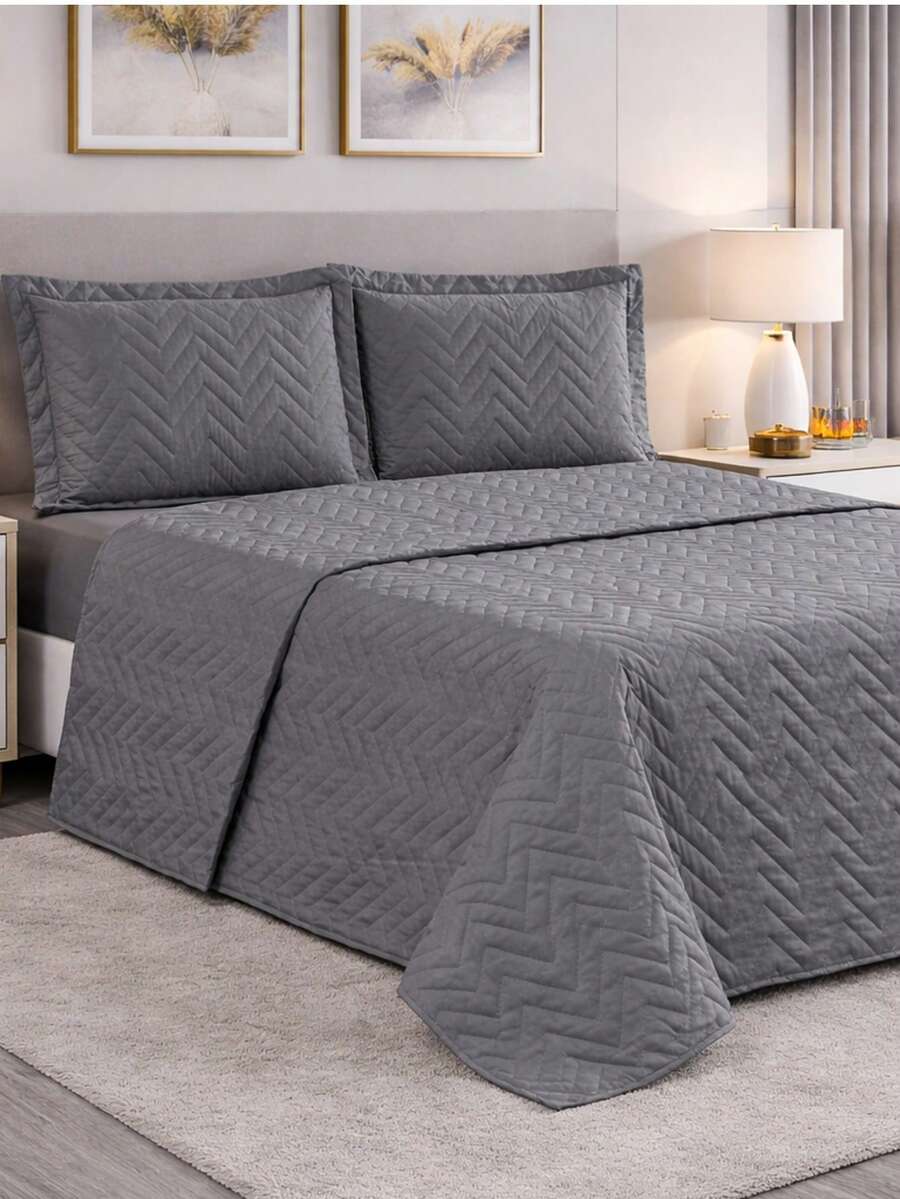 Complete Slim Quilted Bedspread Set For Single, Double, Queen, And King Size Bedspreads. - Grey - View 1