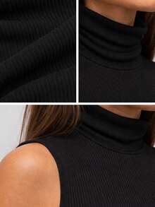 Blusa feminina sem mangas, gola alta, malha canelada, modelagem justa e comprimento regular, ideal para looks de outono. - Preto - Visão 2