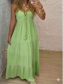 Women's Long Dress, Flowing Style, Thin Straps, V-Neck With Front Tie, Elastic Back - Fits Sizes 36 To 42. - 開心果綠 - 查看 2