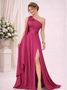 Bridesmaid Dress For Parties, Guests, Receptions, Graduations, Without Glitter, Cape Sleeves, In Flowy Fabric. - Màu Hoa hồng đỏ - Xem 1