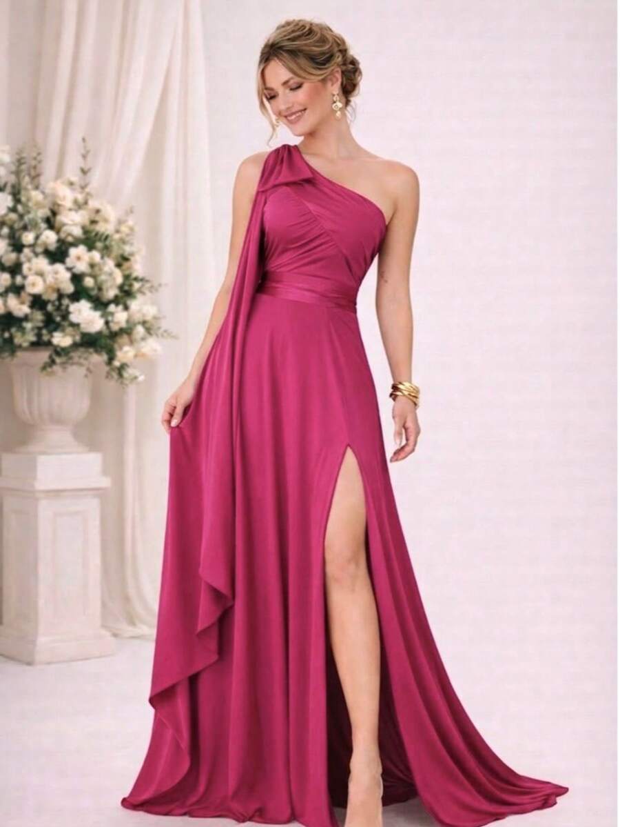 Bridesmaid Dress For Parties, Guests, Receptions, Graduations, Without Glitter, Cape Sleeves, In Flowy Fabric. - Màu Hoa hồng đỏ - Xem 1