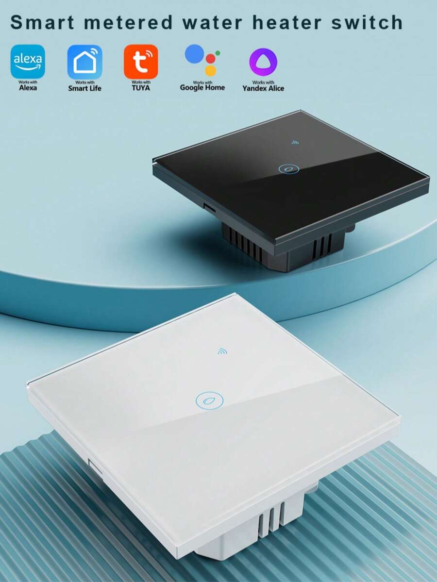 符合欧盟标准的WiFi智能电表热水器开关，带耗电量统计功能，5000W大功率，兼容Alexa语音控制APP，支持远程定时和倒计时，背光开关，钢化玻璃面板，超薄嵌入式安装，需连接零线，支持设备共享，采用阻燃材料。 - 彩色 - 查看 1