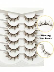 6 Pairs Wet Look Brown Lashes Clear Band Eyelashes Volume Reusable False Lashes Extensions Dramatic Look Curly Wispy Fake Lashes Makeup Tools - Brown - View 2