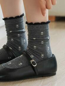 5/1Pair Women's Tulip Floral Crew Socks, Ruffle Trim Cute Socks,Soft Breathable Socks,Casual Mid-Calf Socks,All-Season Versatile Socks For Daily Wear - Multicolor - View 5