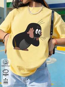 Damen Sommer/Herbst T-Shirt aus reiner Baumwolle, Cartoon-Tier-Muster, lässig sportlich, lockerer Schnitt, Große Größen - Gelb - Übersicht 1