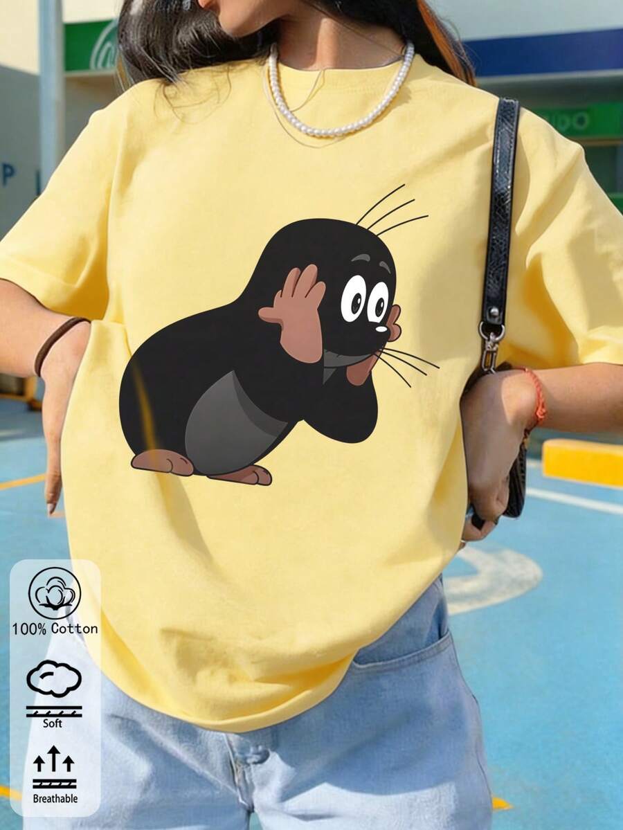 Damen Sommer/Herbst T-Shirt aus reiner Baumwolle, Cartoon-Tier-Muster, lässig sportlich, lockerer Schnitt, Große Größen - Gelb - Übersicht 1