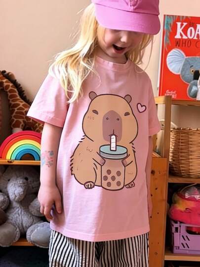 Young Girl Printed Short Sleeve T-Shirt, Student Summer Casual Top For Girls Preparing To Play