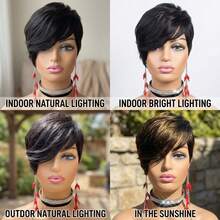Summer Style Side Part Layered Short Brown Wigs With Gold Red Highlights Realistic Wig Synthetic Easy Install Wigs Whisper Lite Skunk Stripe Hair Edgy Short Pixie Wig Asymmetrical Fringe And Rich Feathery Layers Shades Of Brown Pixie Layered - 黑色 - 查看 3