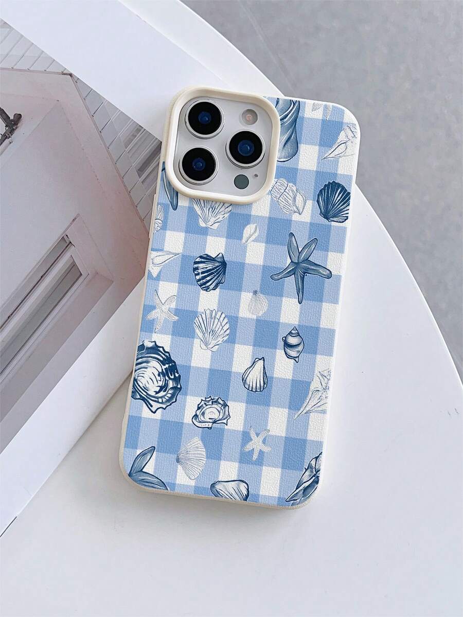 1pc White Litchi Texture Shockproof TPU Phone Case, Fashionable Checkered Pattern With Starfish & Shell Graphic, Suitable For IPhone 7/8/7 Plus/8 Plus/X/XS/XR/XS Max/11/11 Pro/11 Pro Max/12/12 Pro/12 Pro Max/12 Mini/13/13 Pro/13 Pro Max/13 Mini/14/14 Pro/14 Pro Max/14 Plus/15/15 Pro/15 Pro Max/15 Plus/16/16 Pro/16 Pro Max/16 Plus/17/17 Pro/17 Pro Max/Air - Multicolor - View 1